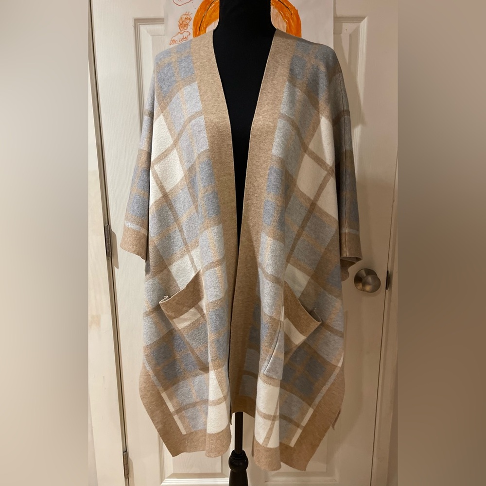 Rachel Zoe Beige Blue Cream Plaid Open-Front Poncho